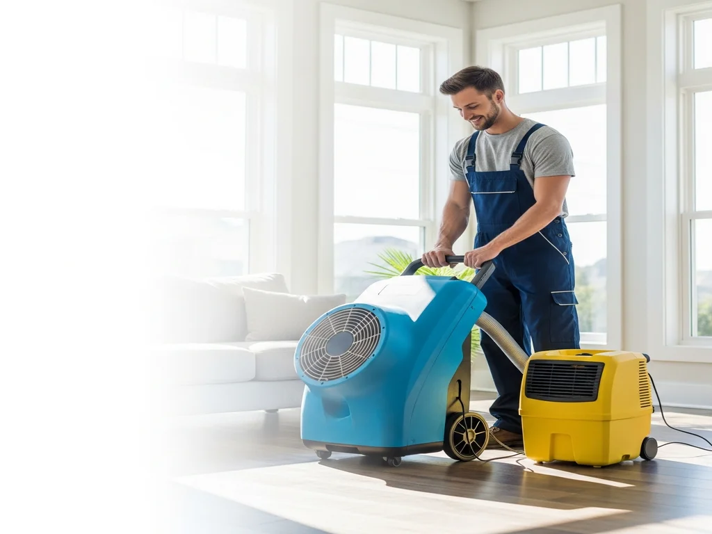 Restoration technician drying a home with commercial air movers after water damage